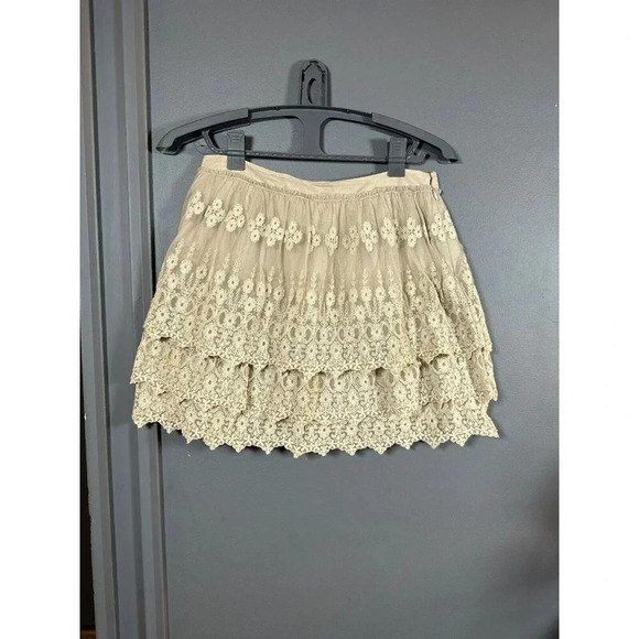 Garnet‎ Hill 06 Skirt Beige Tiered Tulle Lace Full Mini Elastic Waist Lined Lace - Picture 1 of 12